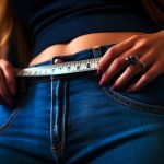 Jeune femme souffrant d'anorexie et mesurant son ventre avec un mètre ruban