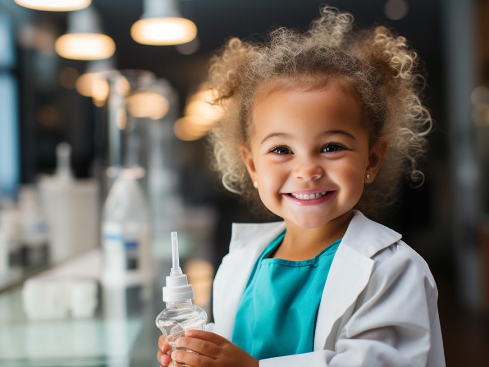 Petite fille souriante dans un laboratoire après sa vaccination