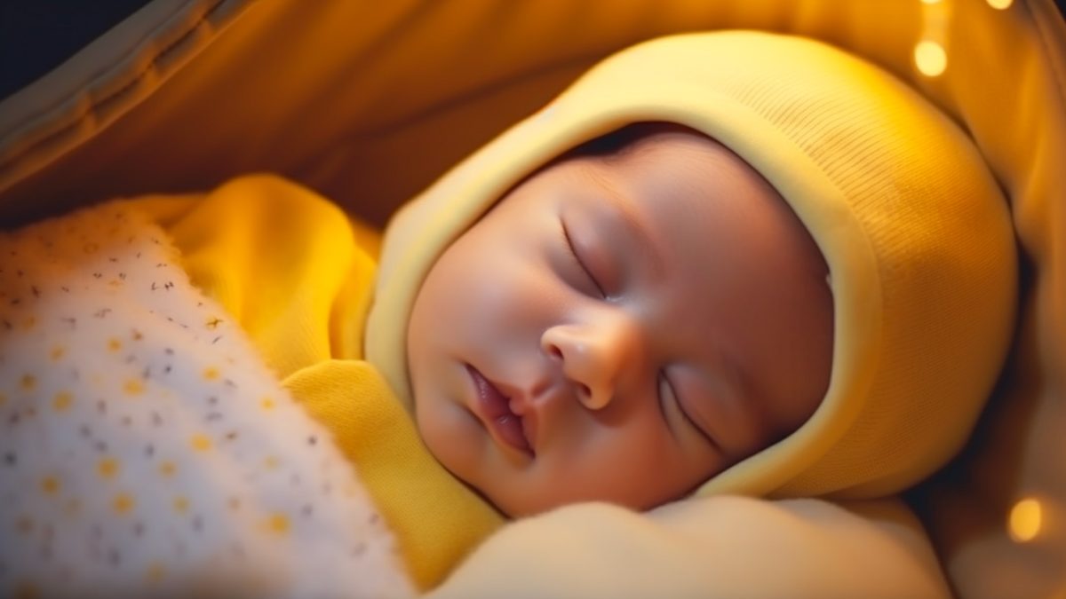 Close-up d'un nouveau-né dans son lit, vêtu entièrement de jaune, illustrant la thématique de la jaunisse chez les bébés.