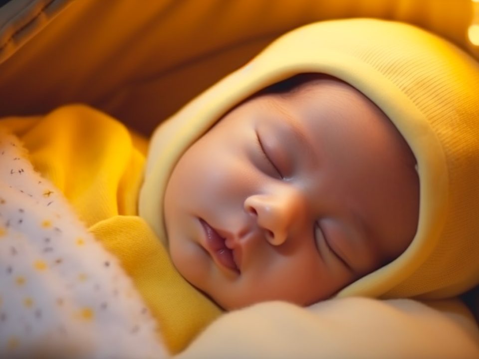 Close-up d'un nouveau-né dans son lit, vêtu entièrement de jaune, illustrant la thématique de la jaunisse chez les bébés.