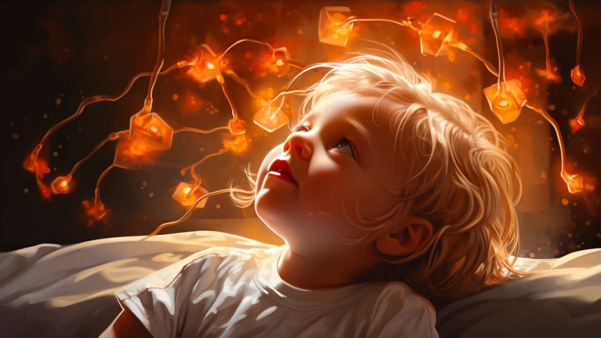 Enfant regardant des lumières symbolisant la fièvre, un symptôme de la méningite, pour illustrer les soins pédiatriques.