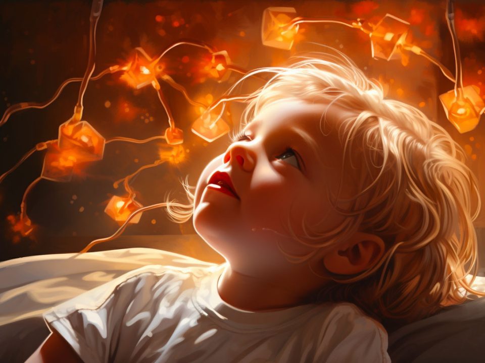 Enfant regardant des lumières symbolisant la fièvre, un symptôme de la méningite, pour illustrer les soins pédiatriques.