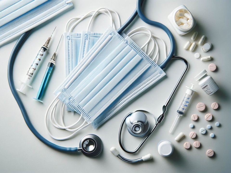 Équipement médical pour la pneumopathie incluant masques, stéthoscope, seringues et médicaments
