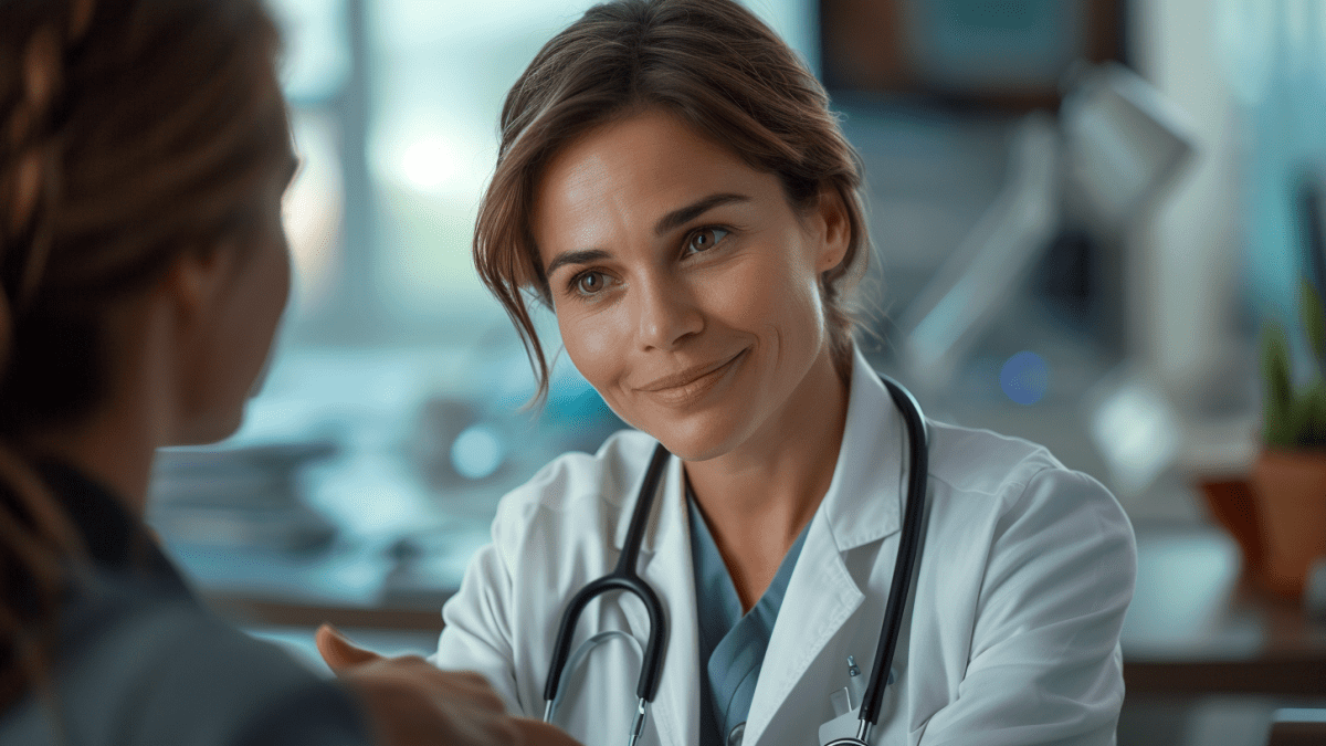 Docteure souriante en blouse blanche ayant une consultation avec un patient