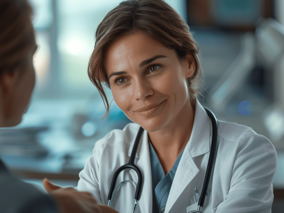 Docteure souriante en blouse blanche ayant une consultation avec un patient