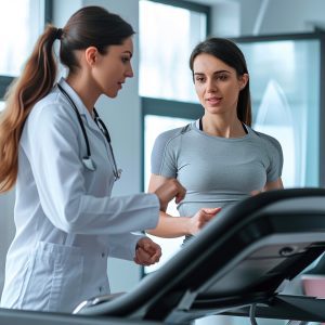 Femme effectuant un test d'aptitude sportive sur un tapis de course sous la supervision d'un médecin, évaluation de la condition physique pour le sport