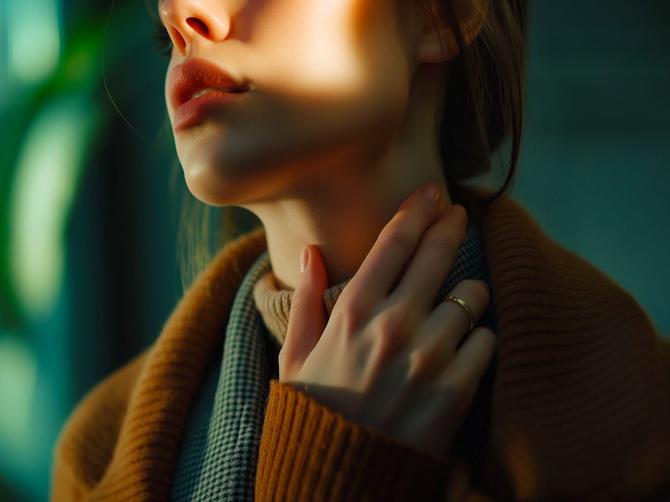 Femme touchant doucement sa gorge indiquant les symptômes du lymphome de Hodgkin