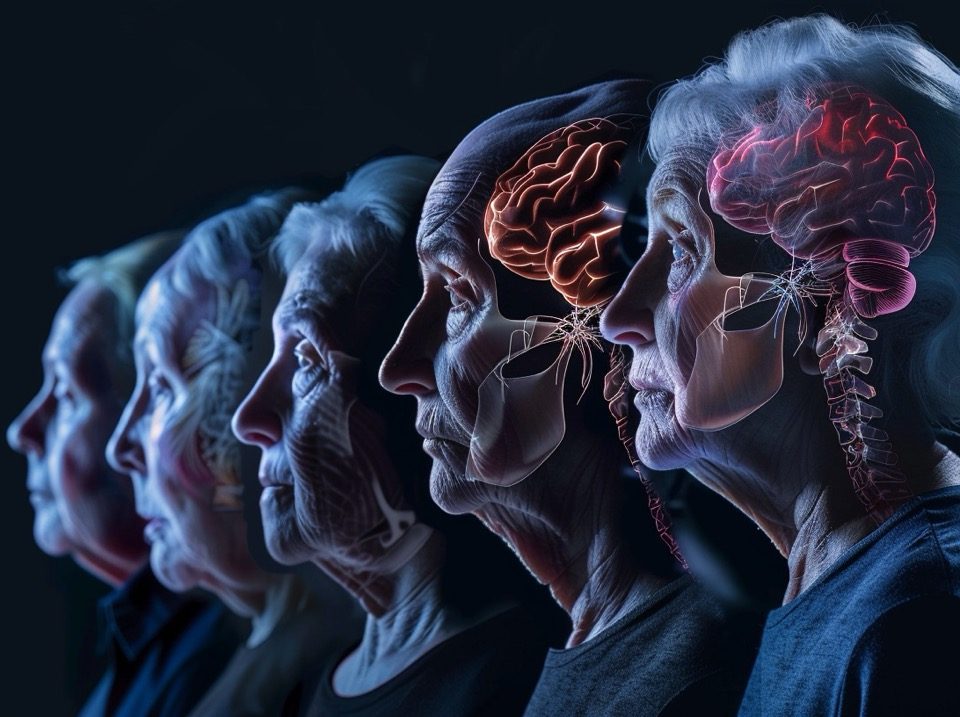 Illustration en progression de l'activité cérébrale chez des patients atteints d'aphasie, soulignant les changements neurologiques et la communication neuronale.