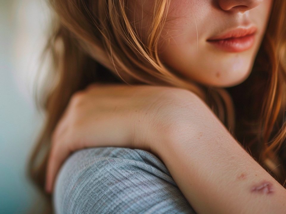 Jeune fille avec des démangeaisons et des lésions cutanées causées par la gale, symptôme caractéristique de l'infestation par l'acarien Sarcoptes scabiei