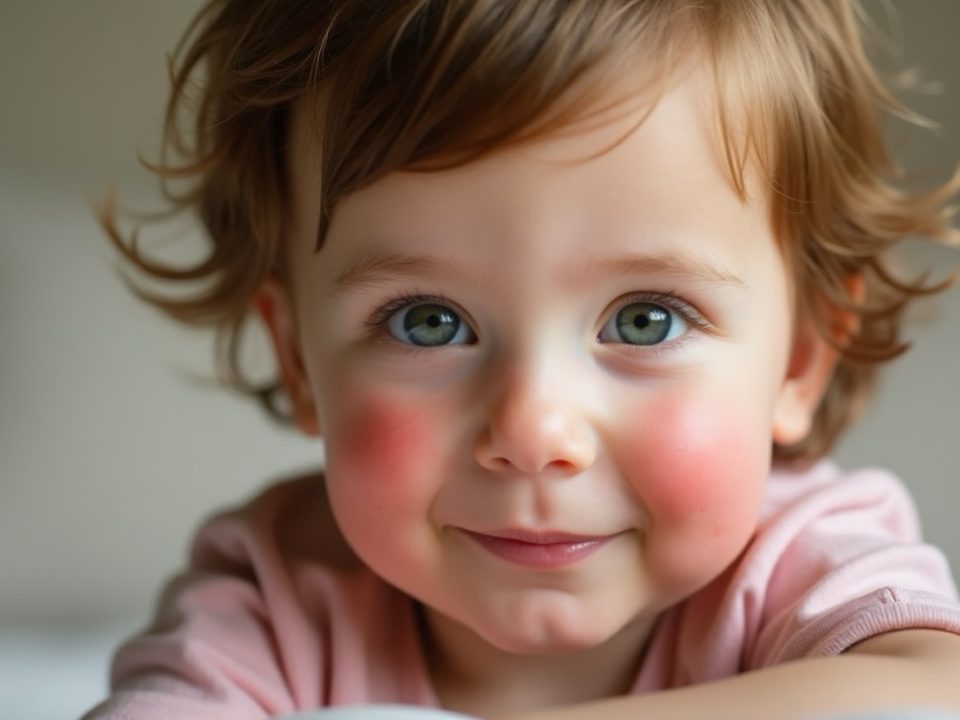 Enfant souriant avec des joues rouges, illustrant un symptôme caractéristique de la cinquième maladie
